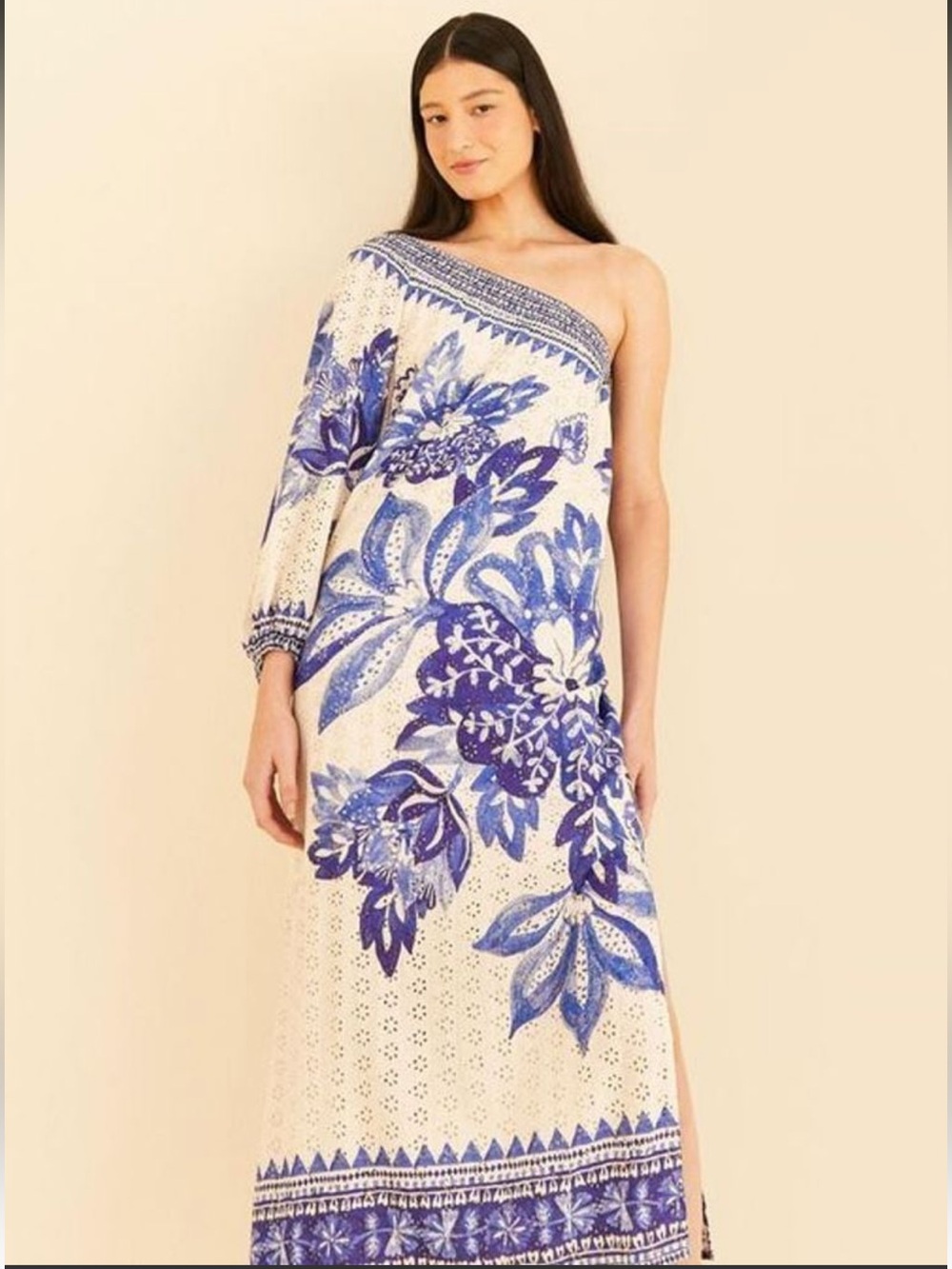 NWT FARM Rio One-Shoulder Maxi Dress with Blue Floral Print